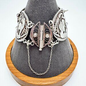 VTG Sterling Silver Egyptian Pharaoh Mural Design Filigree Chunky Bracelet 7.5"